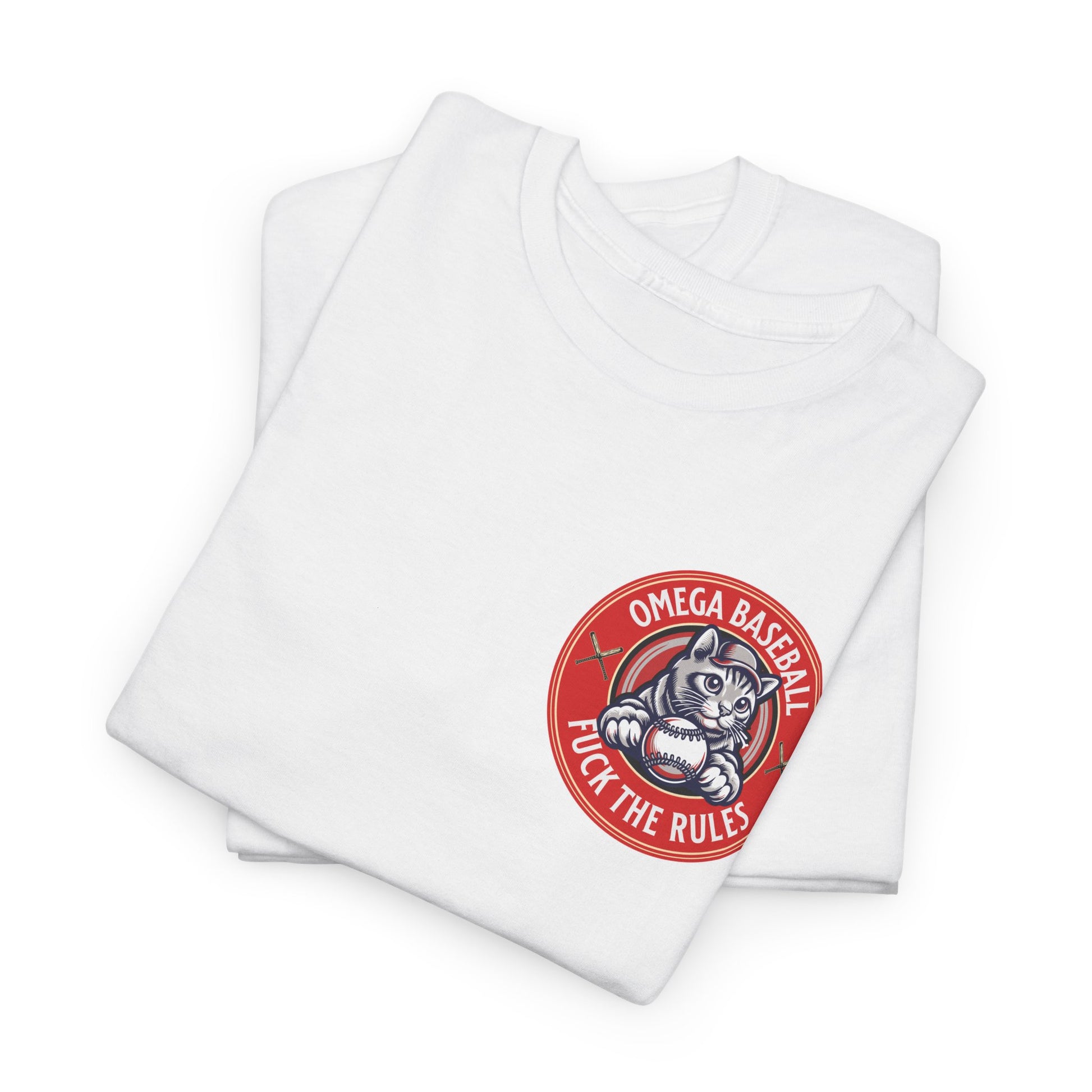 Omega Baseball Printed Tee – "F*ck the Rules" Cat Emblem Printed T-Shirt | Omega Saints White Fold