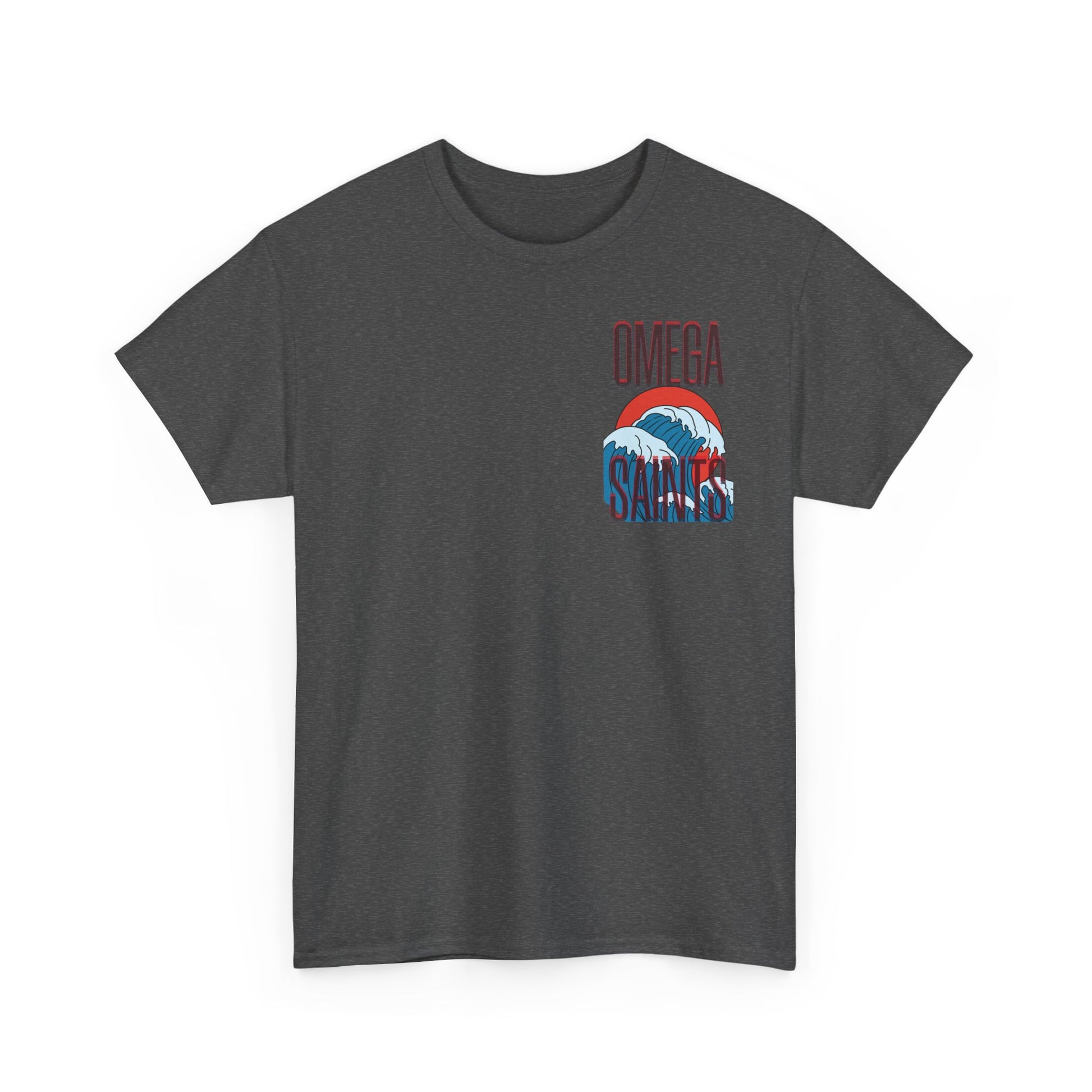 Omega Saints Logo Japanese Wave Design, Trendy 80s Retro Style Printed T-Shirt grey
