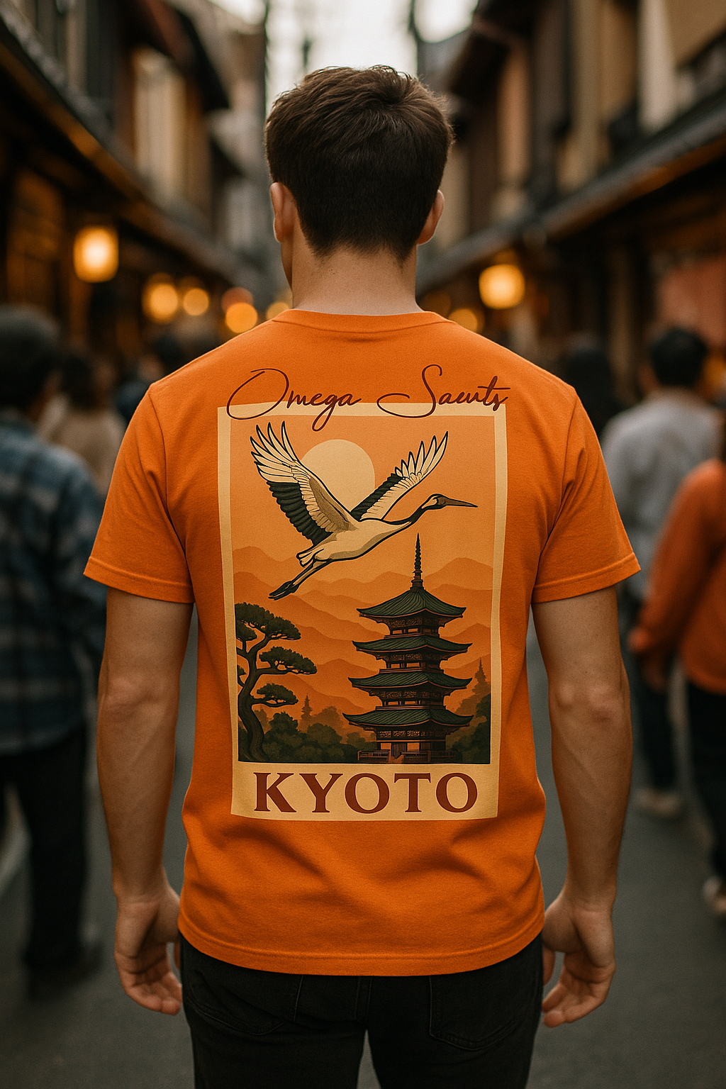 Person wearing an orange t-shirt with a kyoto-themed design in a street setting 